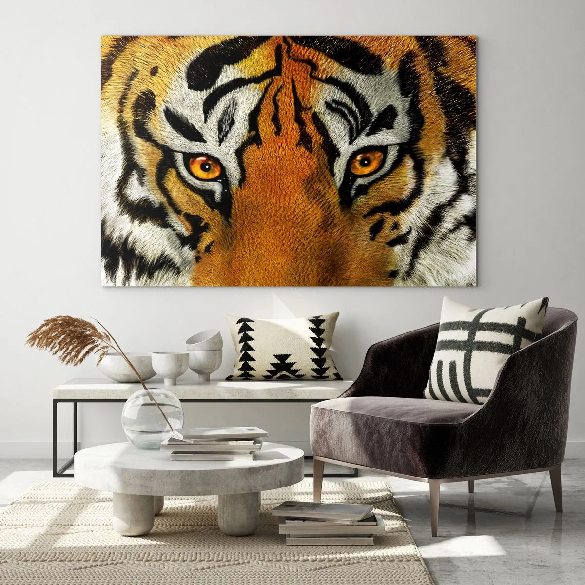 Quadro em vidro - Close-up do olhar intenso do tigre - 70x50cm - Perigoso e bonito - Decoração de parede moderna para a sala de estar e quarto ARTTOR