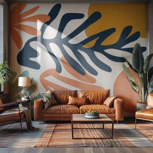 Papel de Parede Standard Eco - Formas modernas de plantas em cores pastel - 100x70cm - Mares de coral - Decoração de parede moderna para a sala de estar e quarto ARTTOR
