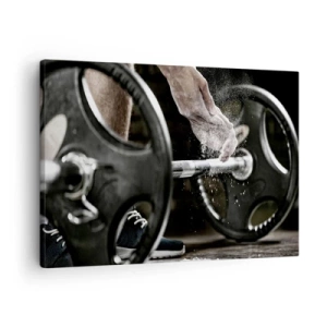 Quadro em tela - Halteres e mãos de um atleta se preparando para o treinamento - 70x50cm - Desafio aceite! - Decoração de parede moderna para a sala de estar e quarto ARTTOR
