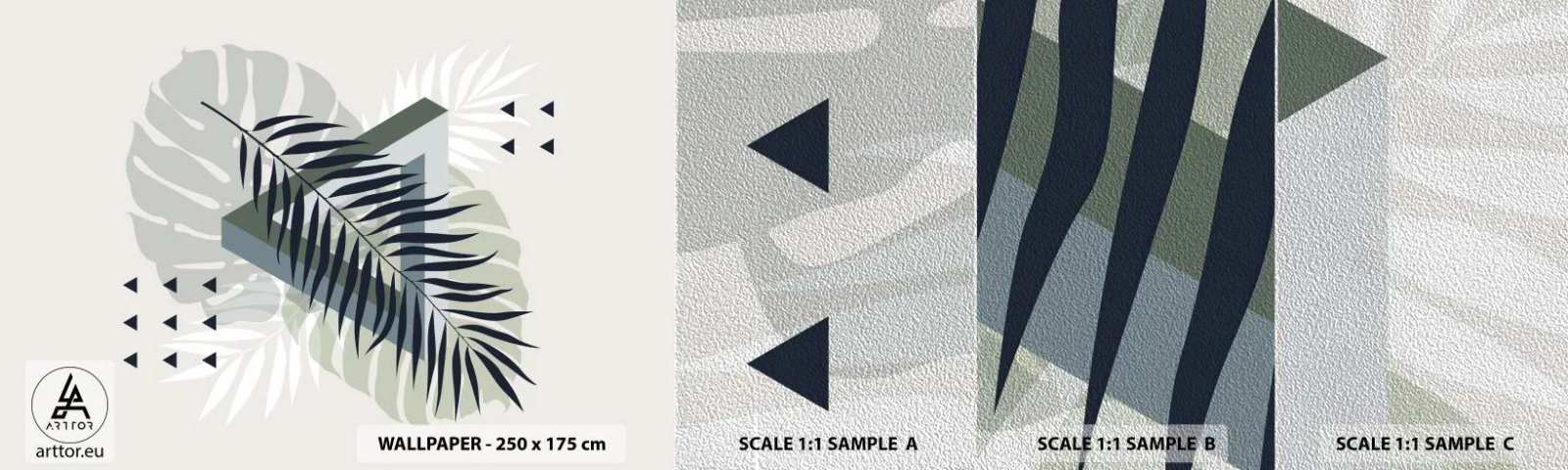 Amostra de papel de parede Premium Sand - Natureza e geometria – duas ordens? - Folha Monstra, Folha de palmeira, Gráficos - 100x30 cm