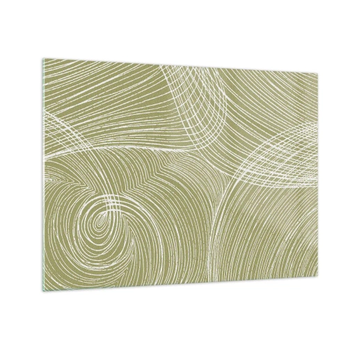 Quadro em vidro - Linhas brancas formam uma estrutura complexa sobre um fundo verde-oliva. - 70x50cm - Abstração intrincada em branco - Decoração de parede moderna para a sala de estar e quarto ARTTOR