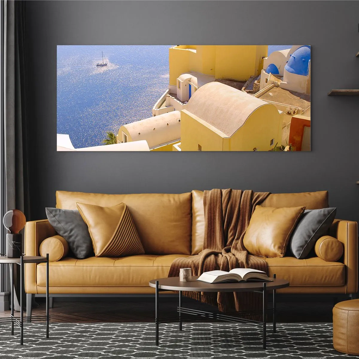 Quadro em vidro - Paisagem grega em branco e azul - 140x50 cm