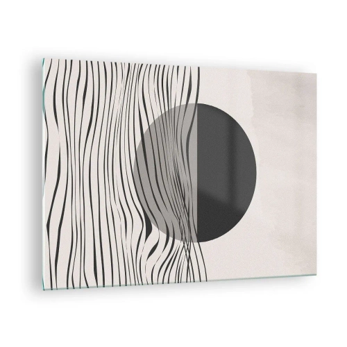 Quadro em vidro - Ondas pretas e um círculo em um fundo bege - 70x50cm - Composição da metade - Decoração de parede moderna para a sala de estar e quarto ARTTOR