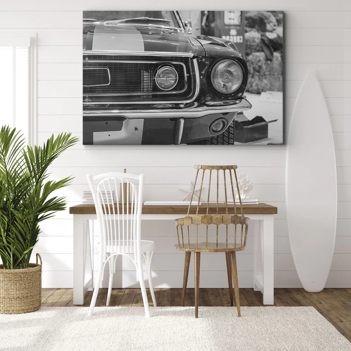 Quadro em tela - Capô de carro clássico preto e branco - 70x50cm - Condução perigosa - Decoração de parede moderna para a sala de estar e quarto ARTTOR