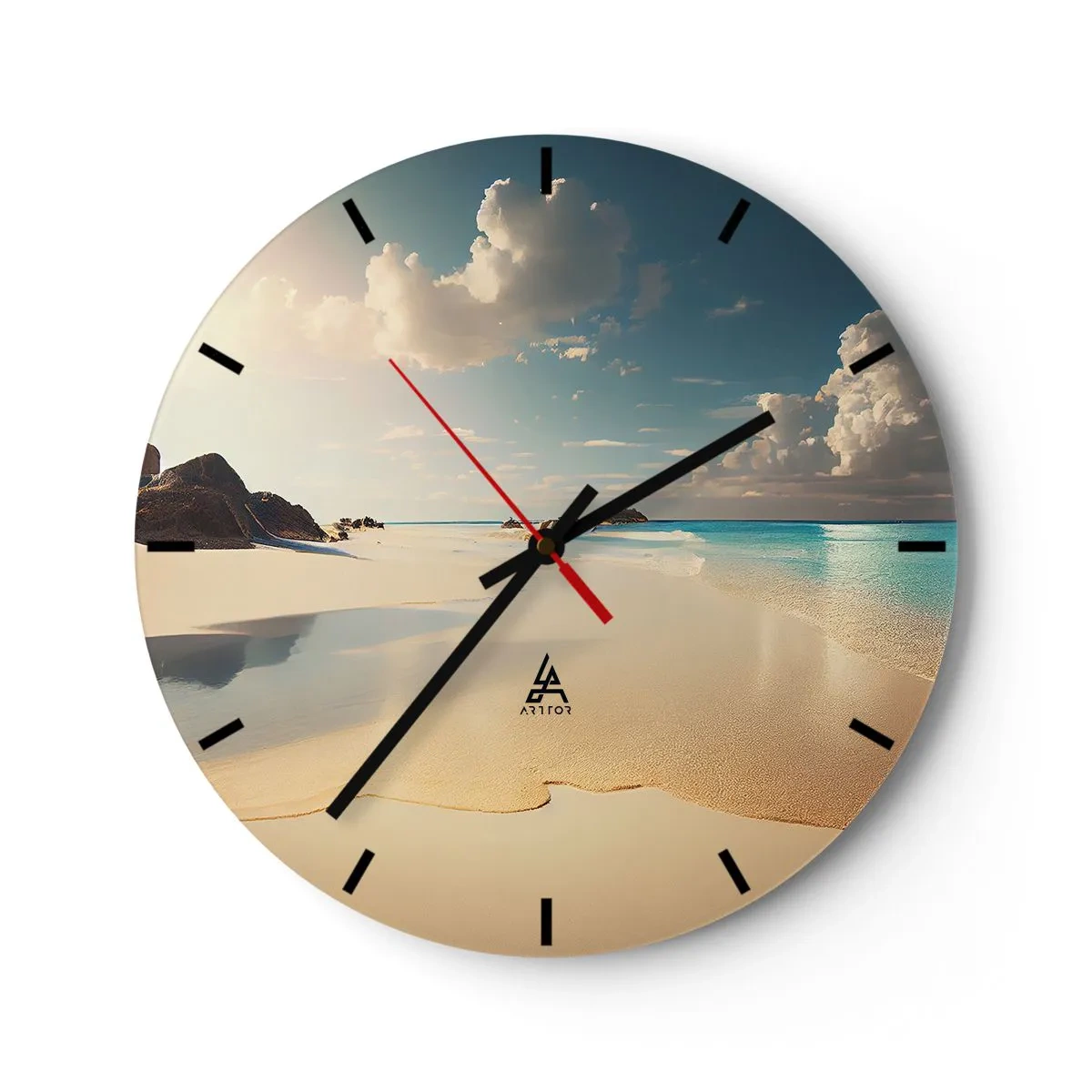 Relógio de parede - Relógio em vidro - Praia tropical com areia branca e água azul-turquesa - 30x30cm - Um dia de sonho - Decoração de parede moderna para a sala de estar, cozinha e quarto ARTTOR
