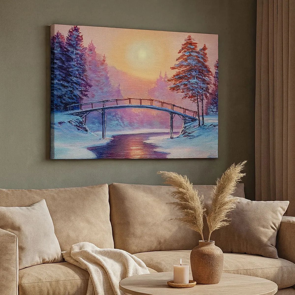 Quadro em tela - Paisagem de inverno com uma ponte iluminada pelo pôr do sol - 70x50cm - Quatro estações - inverno - Decoração de parede moderna para a sala de estar e quarto ARTTOR