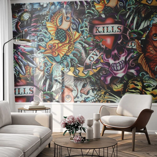 Papel de Parede Standard Eco - Composição de tatuagem colorida no estilo old school - 100x70cm - O sonho do tatuador - Decoração de parede moderna para a sala de estar e quarto ARTTOR
