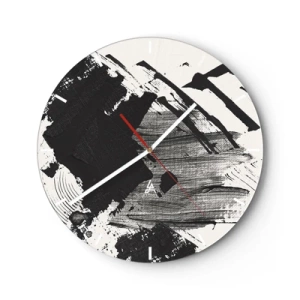 Relógio de parede - Relógio em vidro - Abstração dinâmica em preto e branco com traços largos - 30x30cm - Abstração – expressão do preto - Decoração de parede moderna para a sala de estar, cozinha e quarto ARTTOR