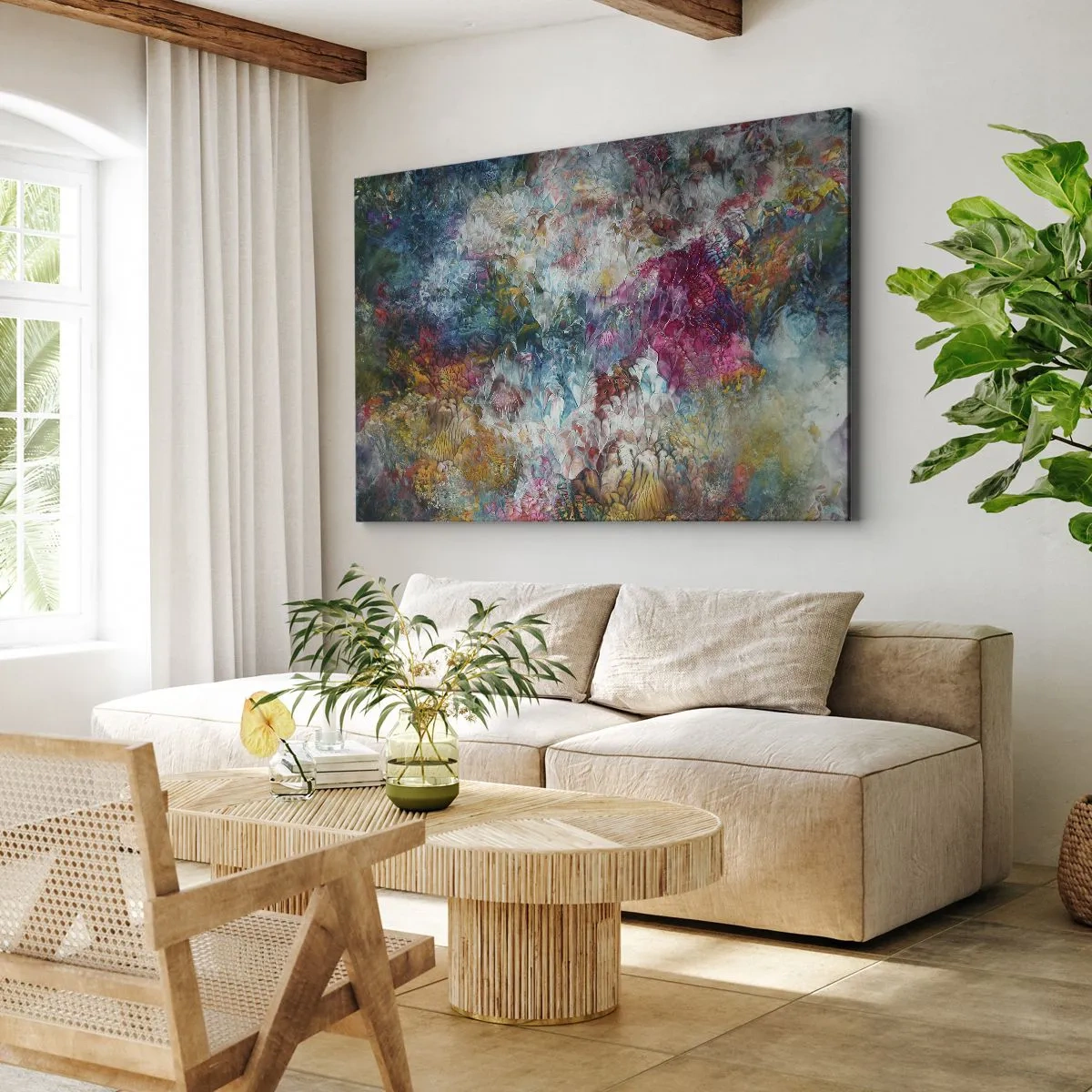 Quadro em tela - Uma abstração colorida que lembra flores desabrochando - 70x50cm - Em plena floração - Decoração de parede moderna para a sala de estar e quarto ARTTOR