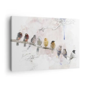 Quadro em tela - Pássaros coloridos em um galho em estilo aquarela - 70x50cm - Reunião alada - Decoração de parede moderna para a sala de estar e quarto ARTTOR