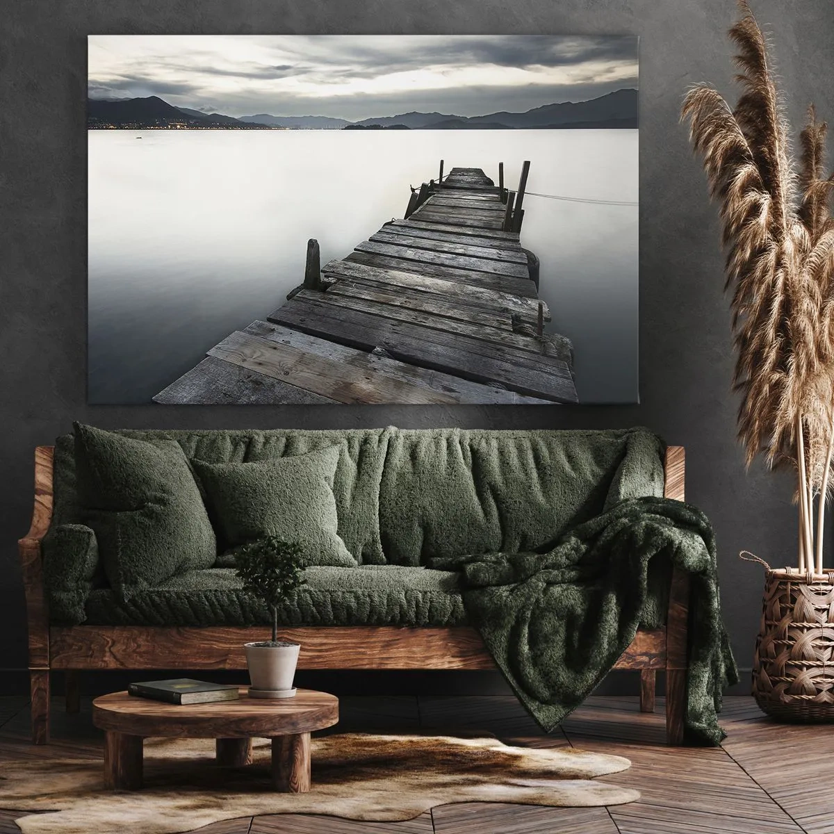 Quadro em tela - Uma ponte de madeira que leva a um lago tranquilo - 70x50cm - Mergulhar em paz - Decoração de parede moderna para a sala de estar e quarto ARTTOR