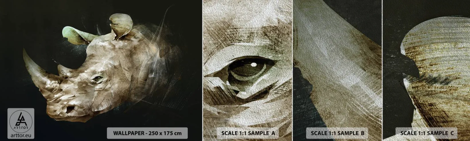 Amostra de papel de parede Premium Sand - Uma força verdadeiramente masculina - Abstração, Rinoceronte, Animais - 100x30 cm