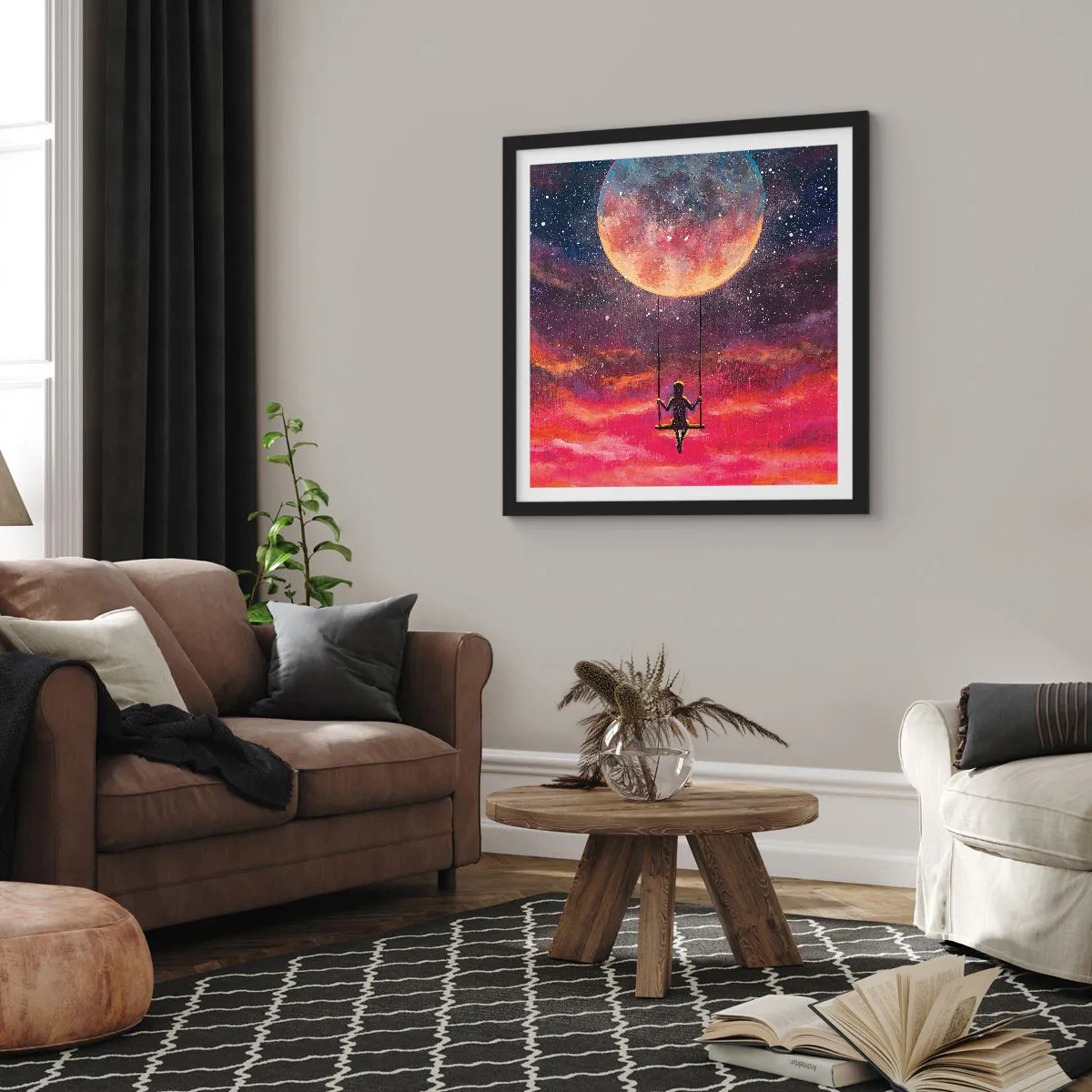 Pôster com moldura preta - Balanço nas nuvens - 40x40 cm