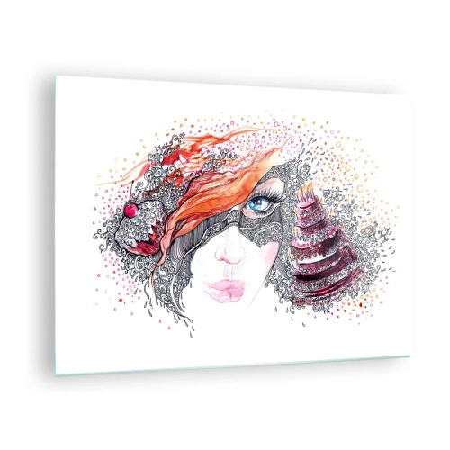 Quadro em vidro - Retrato de uma mulher com padrões dinâmicos e detalhes em vermelho - 70x50cm - Com ela, todos os dias são dias de festa - Decoração de parede moderna para a sala de estar e quarto ARTTOR