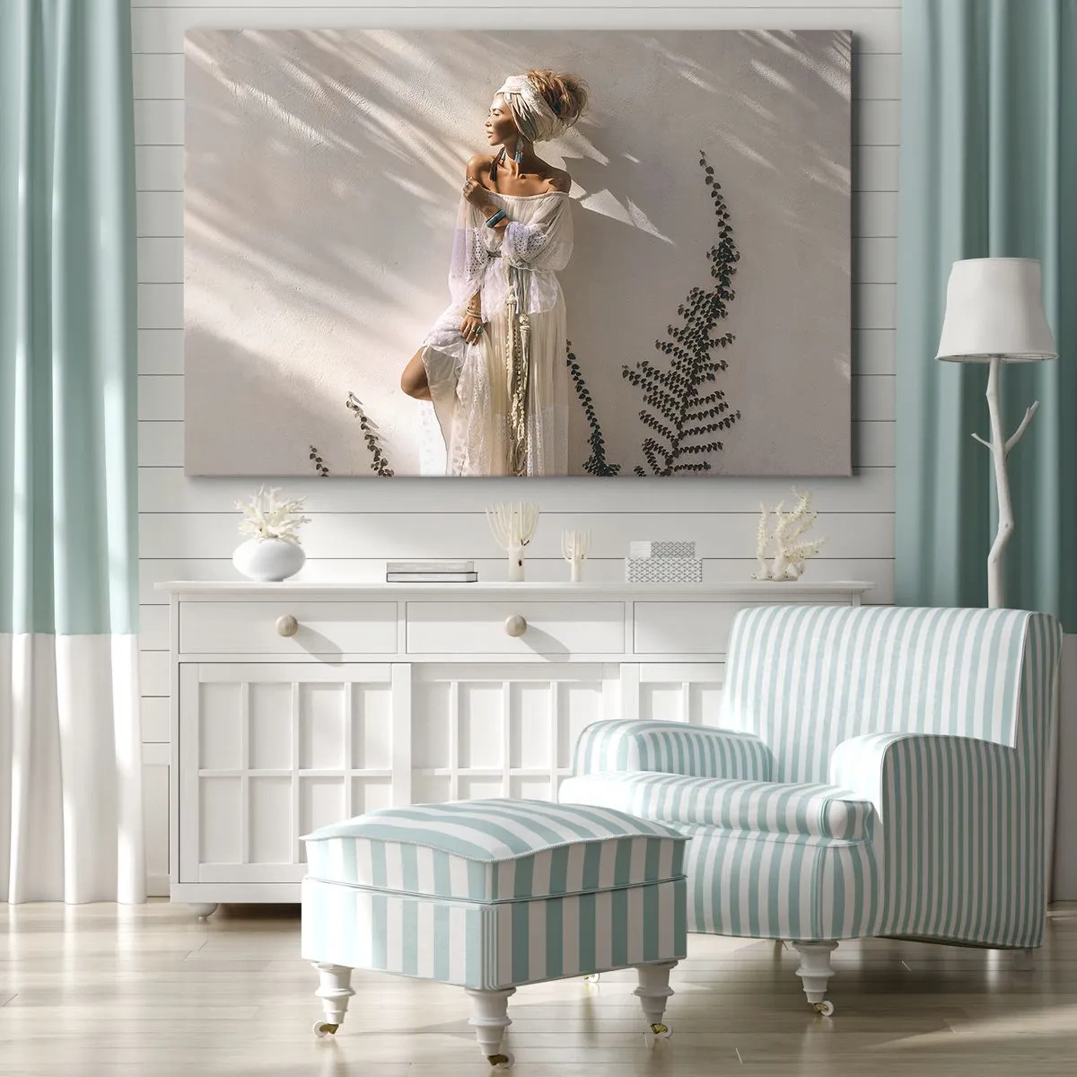 Quadro em tela - Uma mulher em estilo boho iluminada pelos raios de sol - 70x50cm - O sol e a garota - Decoração de parede moderna para a sala de estar e quarto ARTTOR