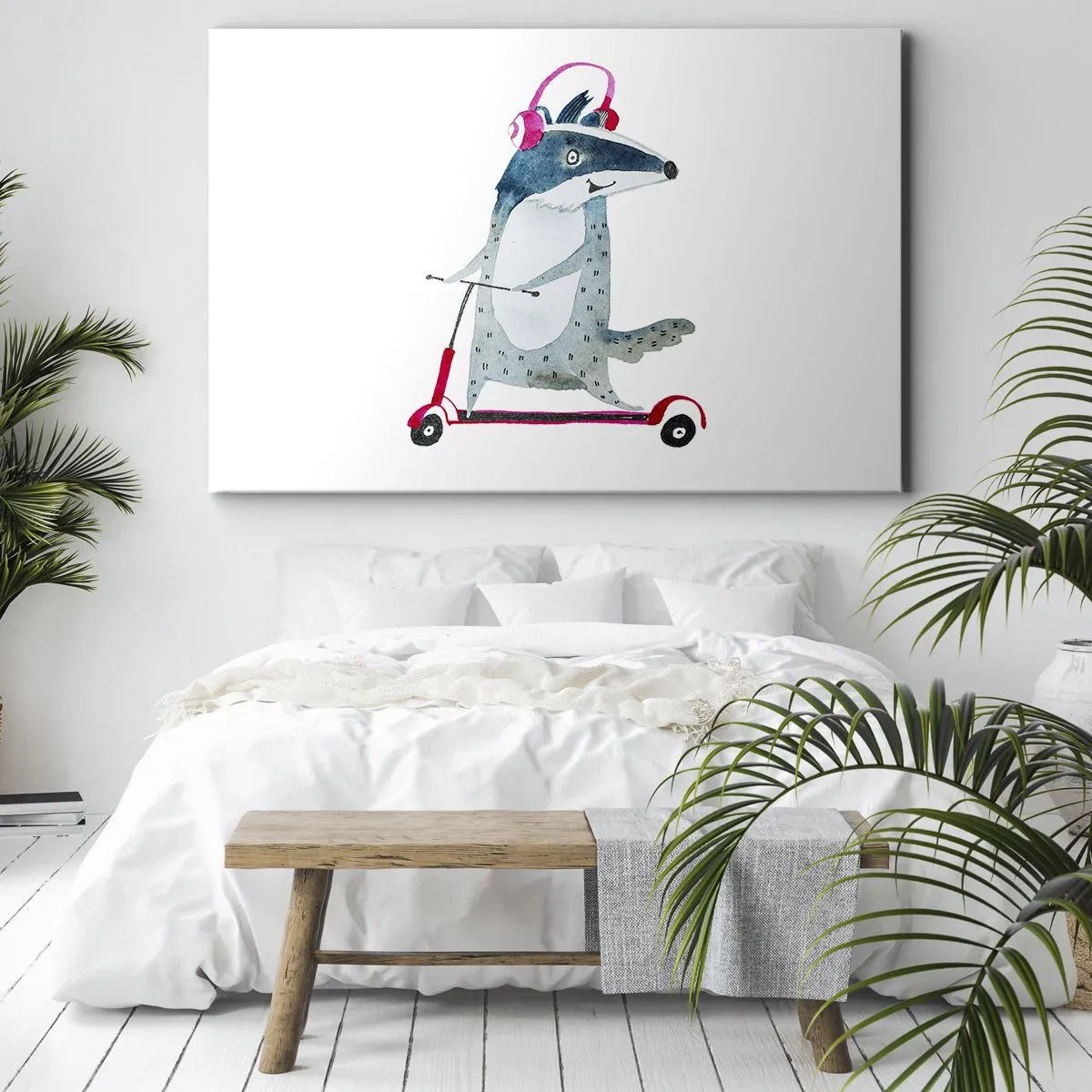 Quadro em tela - Texugo em uma scooter com fones de ouvido rosa - 70x50cm - A alegria do texugo - Decoração de parede moderna para a sala de estar e quarto ARTTOR
