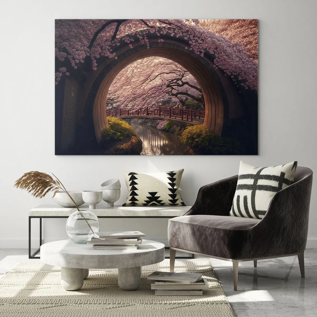 Quadro em vidro - Flores de cerejeira e uma ponte japonesa vistas através do portão redondo - 70x50cm - Primavera japonesa - Decoração de parede moderna para a sala de estar e quarto ARTTOR