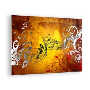 Quadro em vidro - Motivos musicais sobre um fundo de ornamentos dourados - 70x50cm - Deixe a música fluir - Decoração de parede moderna para a sala de estar e quarto ARTTOR