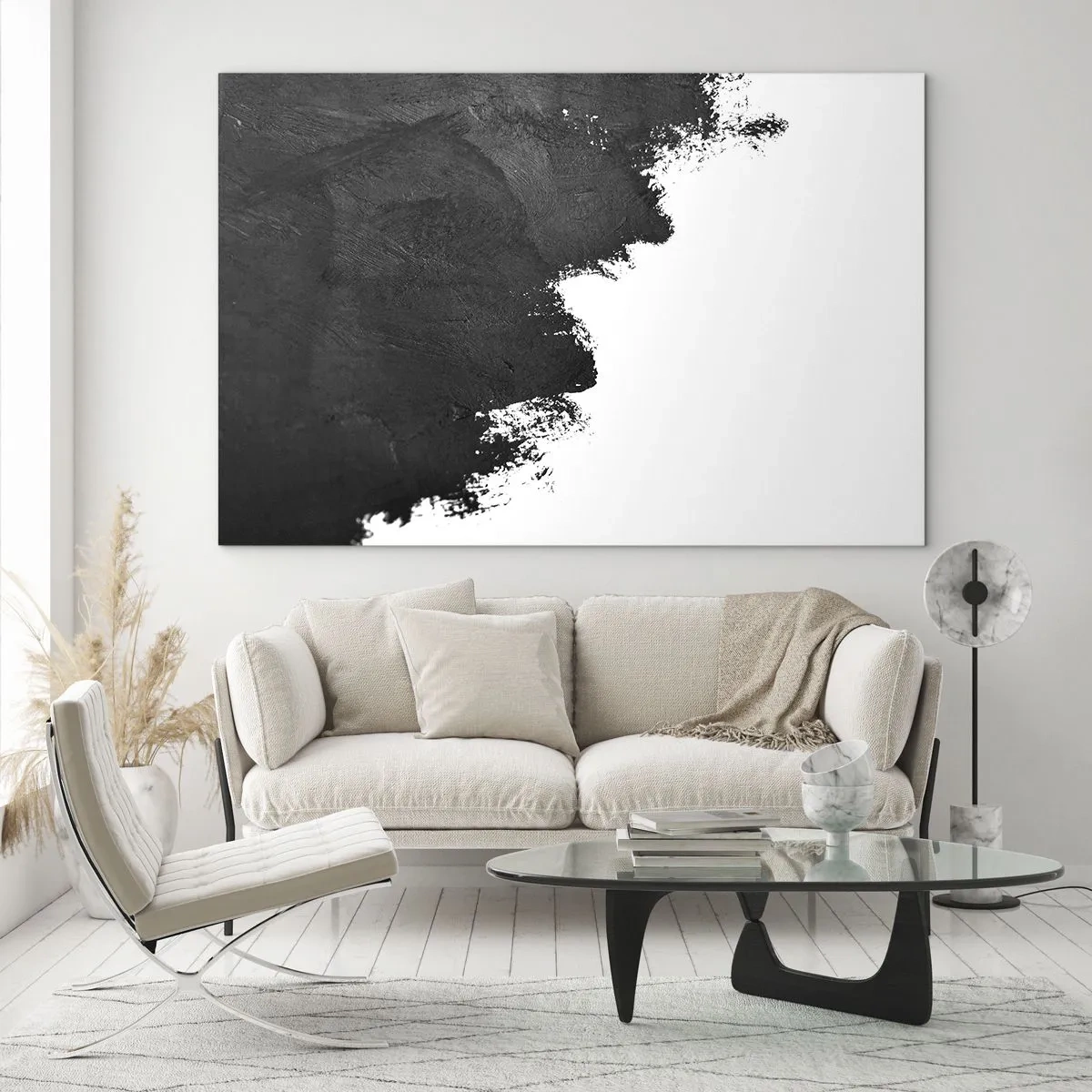 Quadro em vidro - Textura de tinta preta sobre fundo branco em estilo minimalista - 70x50cm - Elementos: terra - Decoração de parede moderna para a sala de estar e quarto ARTTOR