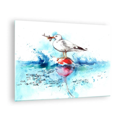 Quadro em vidro - Uma gaivota em uma bóia com um peixe no fundo das ondas do mar - 70x50cm - Pesca bem sucedida - Decoração de parede moderna para a sala de estar e quarto ARTTOR