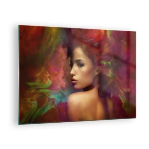 Quadro em vidro - Retrato de uma mulher em um ambiente colorido e abstrato - 70x50cm - Mais bonito do que um arco-íris, tão delicado como um nevoeiro - Decoração de parede moderna para a sala de estar e quarto ARTTOR