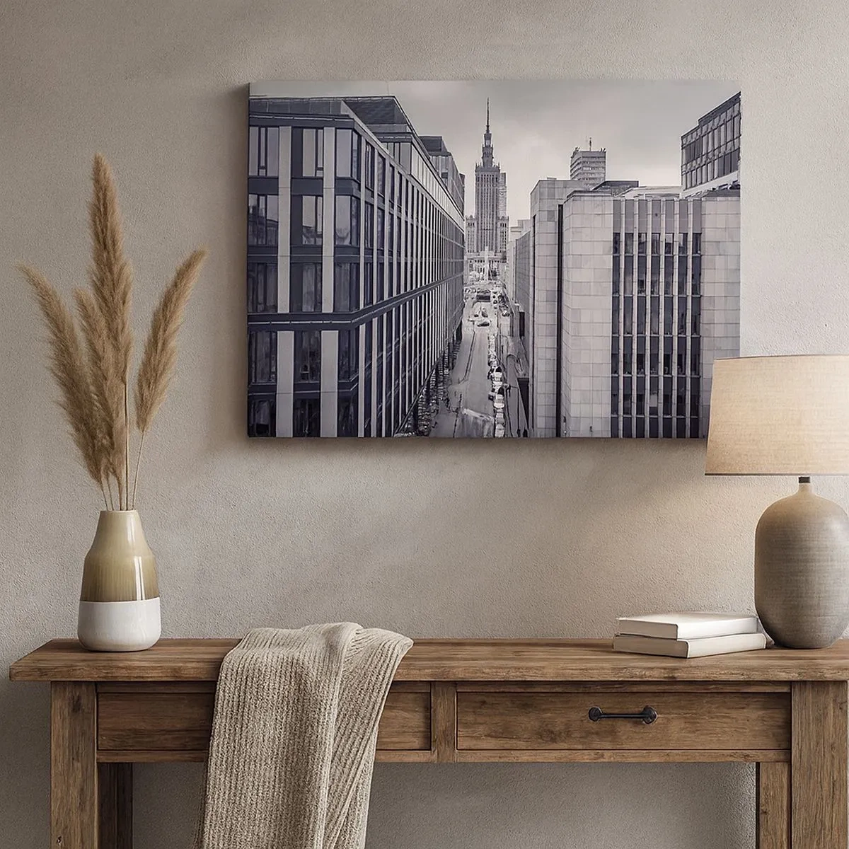 Quadro em tela - Panorama de Varsóvia com vista para o Palácio da Cultura e os edifícios circundantes - 70x50cm - Vale de Varsóvia - Decoração de parede moderna para a sala de estar e quarto ARTTOR