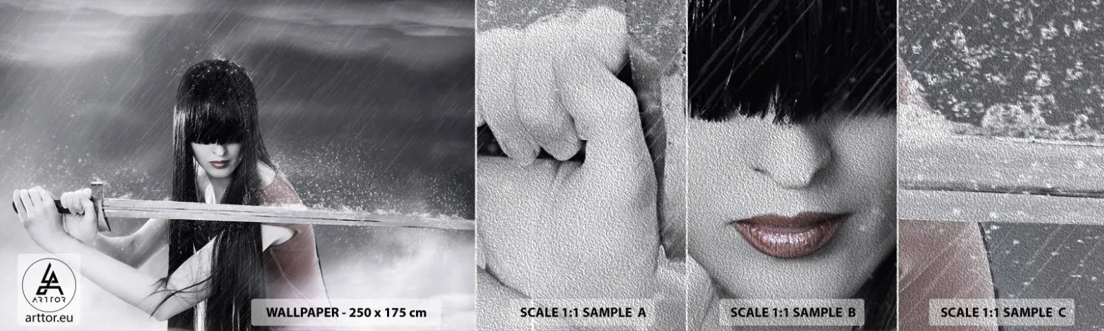 Amostra de papel de parede Premium Sand - Bonita e perigosa - Mulher, Espada, Militares - 100x30 cm