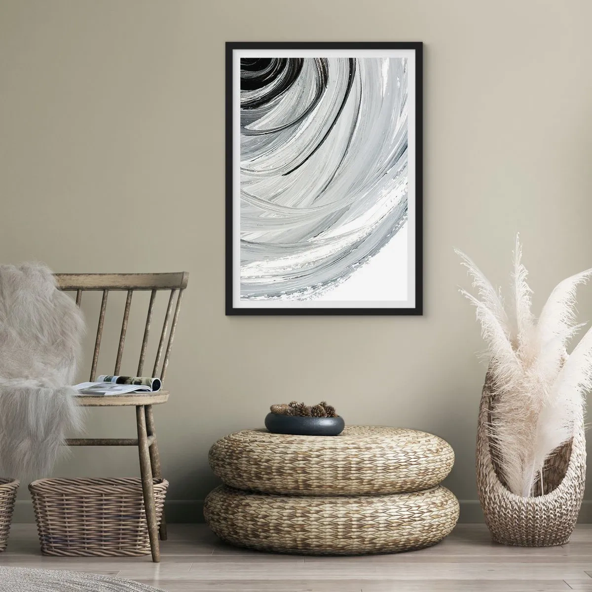 Pôster com moldura preta - Abstração dinâmica em tons de preto, branco e cinza - 50x70cm - Composição orbital - Decoração de parede moderna para a sala de estar e quarto ARTTOR