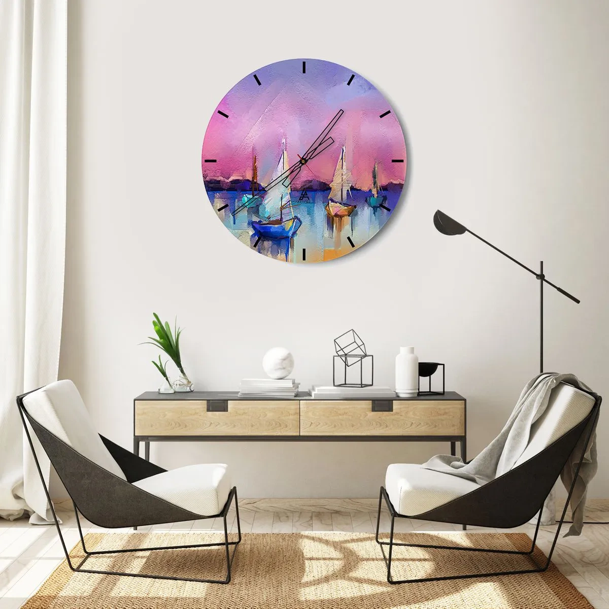 Relógio de parede - Relógio em vidro - Marina abstrata com veleiros em tons pastel - 30x30cm - Direção: águas largas - Decoração de parede moderna para a sala de estar, cozinha e quarto ARTTOR