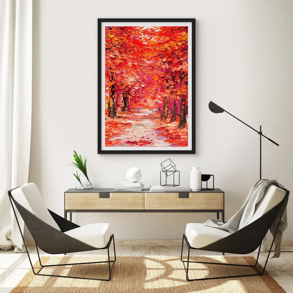 Pôster com moldura preta - Um pitoresco beco de outono em tons de vermelho - 50x70cm - Impressão de outono - Decoração de parede moderna para a sala de estar e quarto ARTTOR