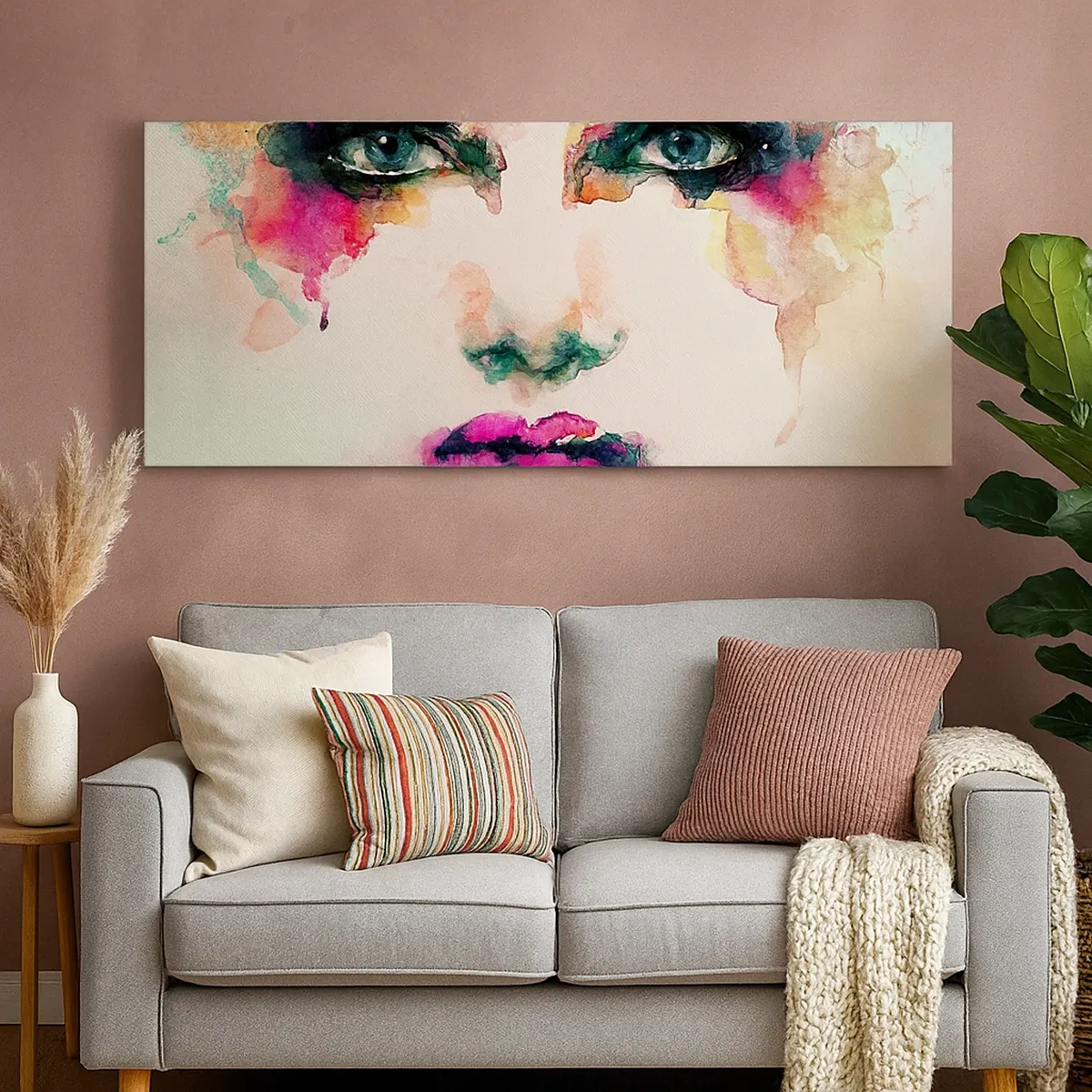 Quadro em tela - Retrato pintado com o arco-íris - 30x30 cm