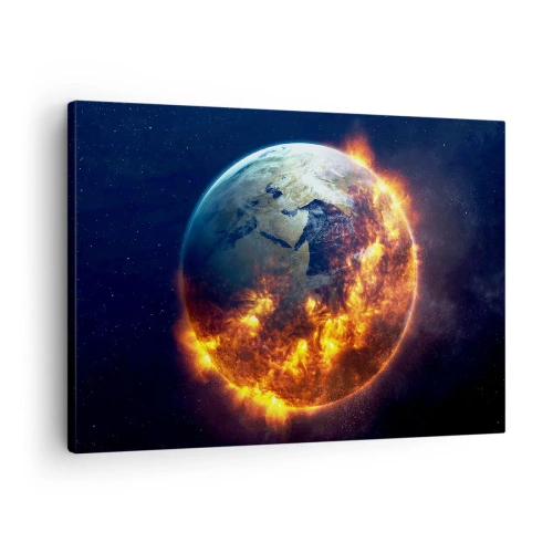 Quadro em tela - Planeta Terra em chamas no espaço sideral - 70x50cm - A chama do apocalipse - Decoração de parede moderna para a sala de estar e quarto ARTTOR