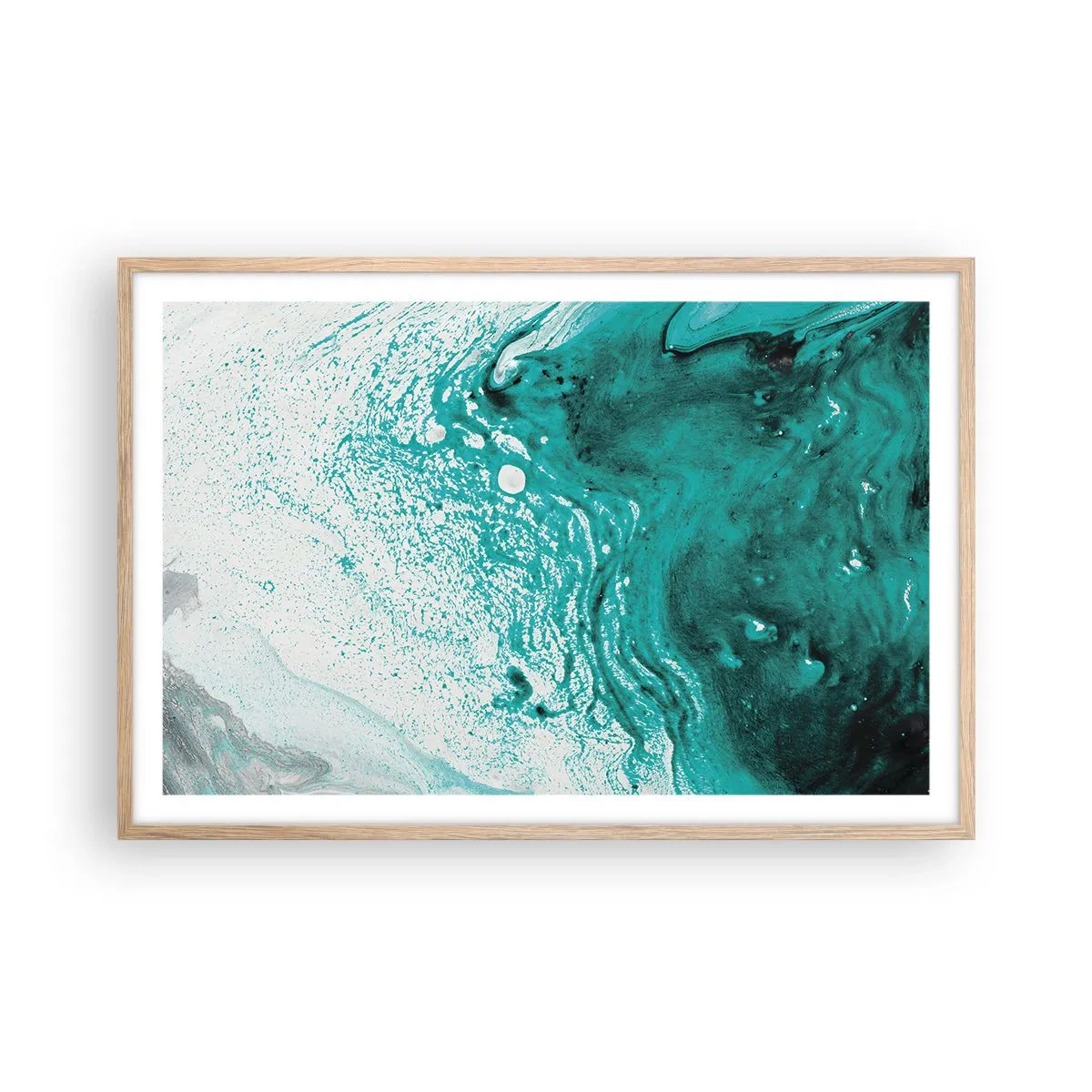 Pôster com moldura de carvalho claro - Derreter a branco e turquesa - 91x61 cm