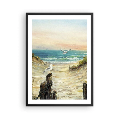 Pôster com moldura preta - Praia com gaivotas e ondas ao pôr do sol - 50x70cm - Refúgio sem vento - Decoração de parede moderna para a sala de estar e quarto ARTTOR