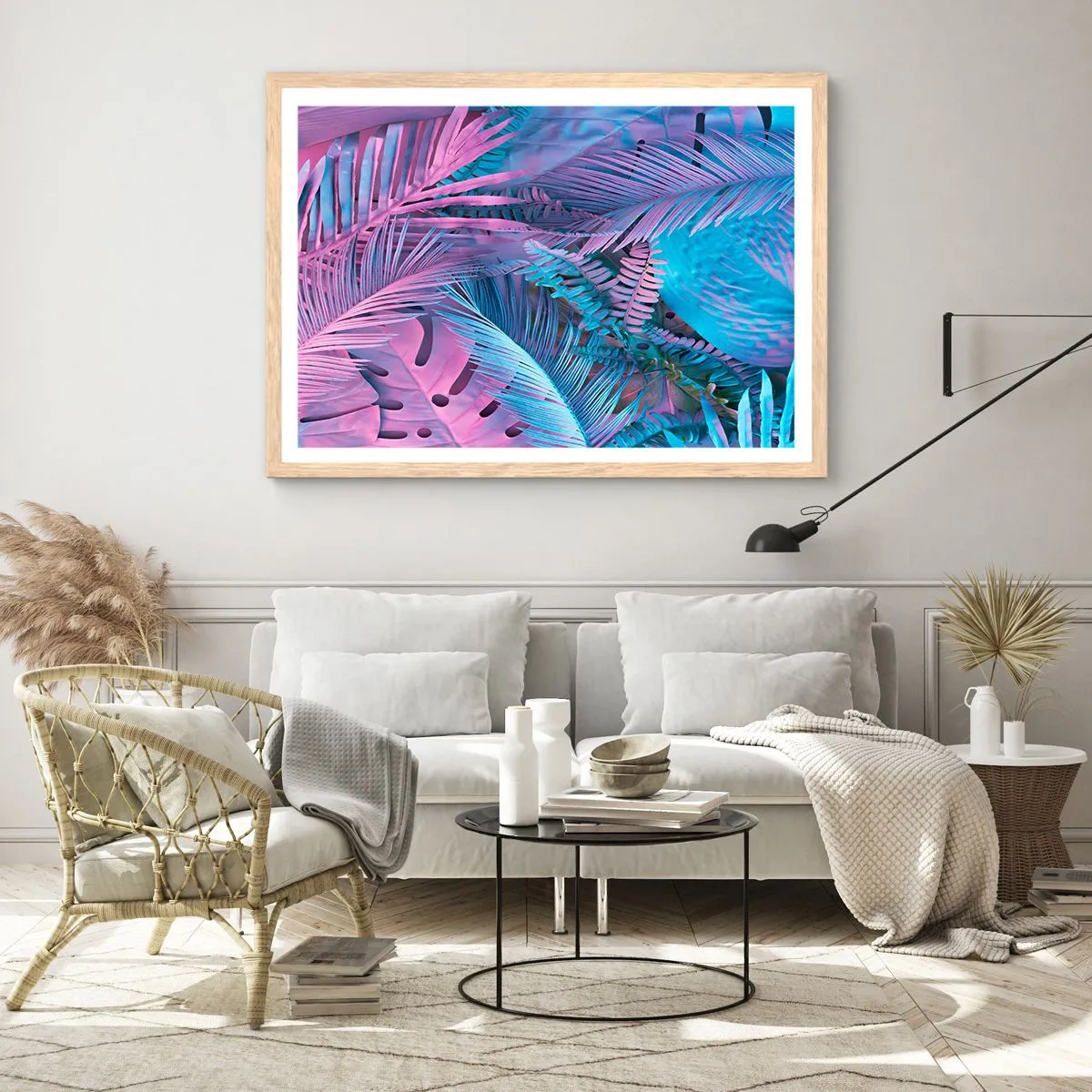 Pôster com moldura de carvalho claro - Trópicos em rosa e azul - 100x70 cm