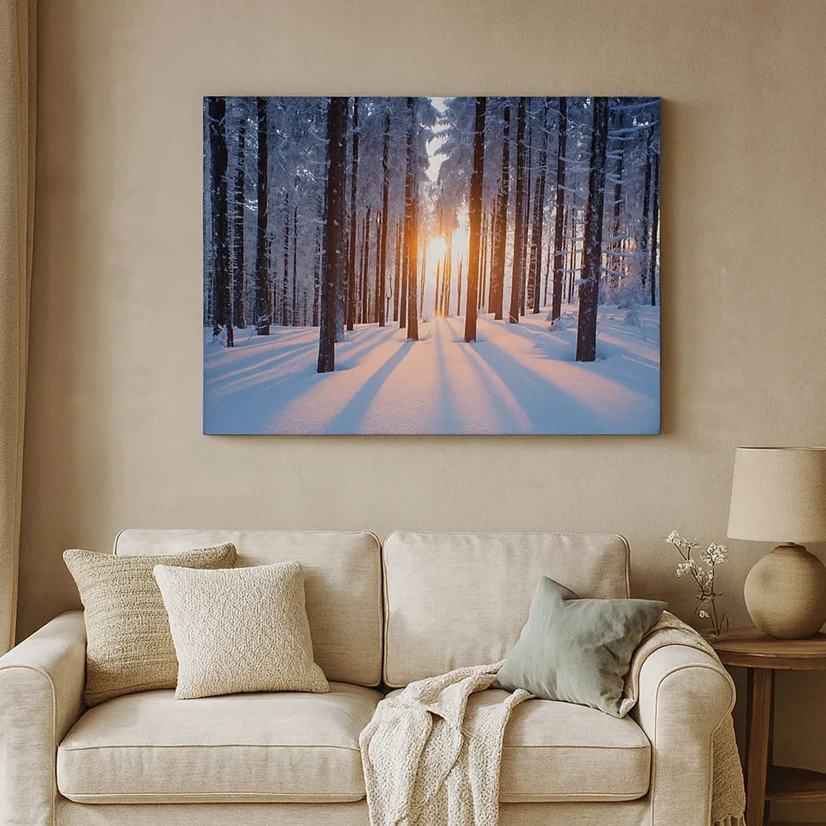 Quadro em tela - Floresta de inverno iluminada pelos raios do sol - 70x50cm - Preto no branco - Decoração de parede moderna para a sala de estar e quarto ARTTOR