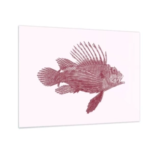 Quadro em vidro - Desenho de um peixe exótico na cor bordô sobre um fundo claro - 70x50cm - Um habitante de águas exóticas - Decoração de parede moderna para a sala de estar e quarto ARTTOR