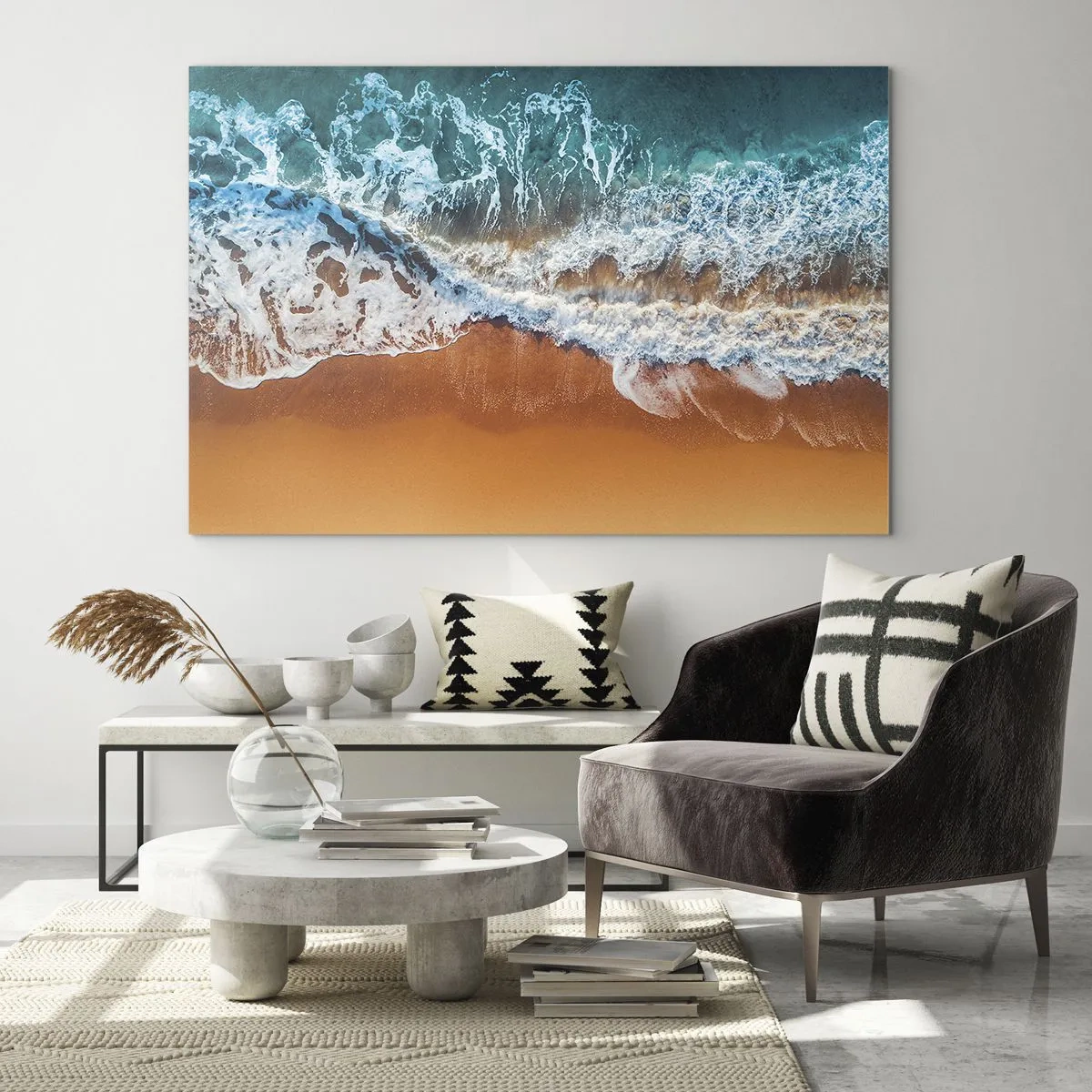 Quadro em vidro - Uma vista aérea das ondas do oceano quebrando contra a costa - 70x50cm - Sempre em par - Decoração de parede moderna para a sala de estar e quarto ARTTOR