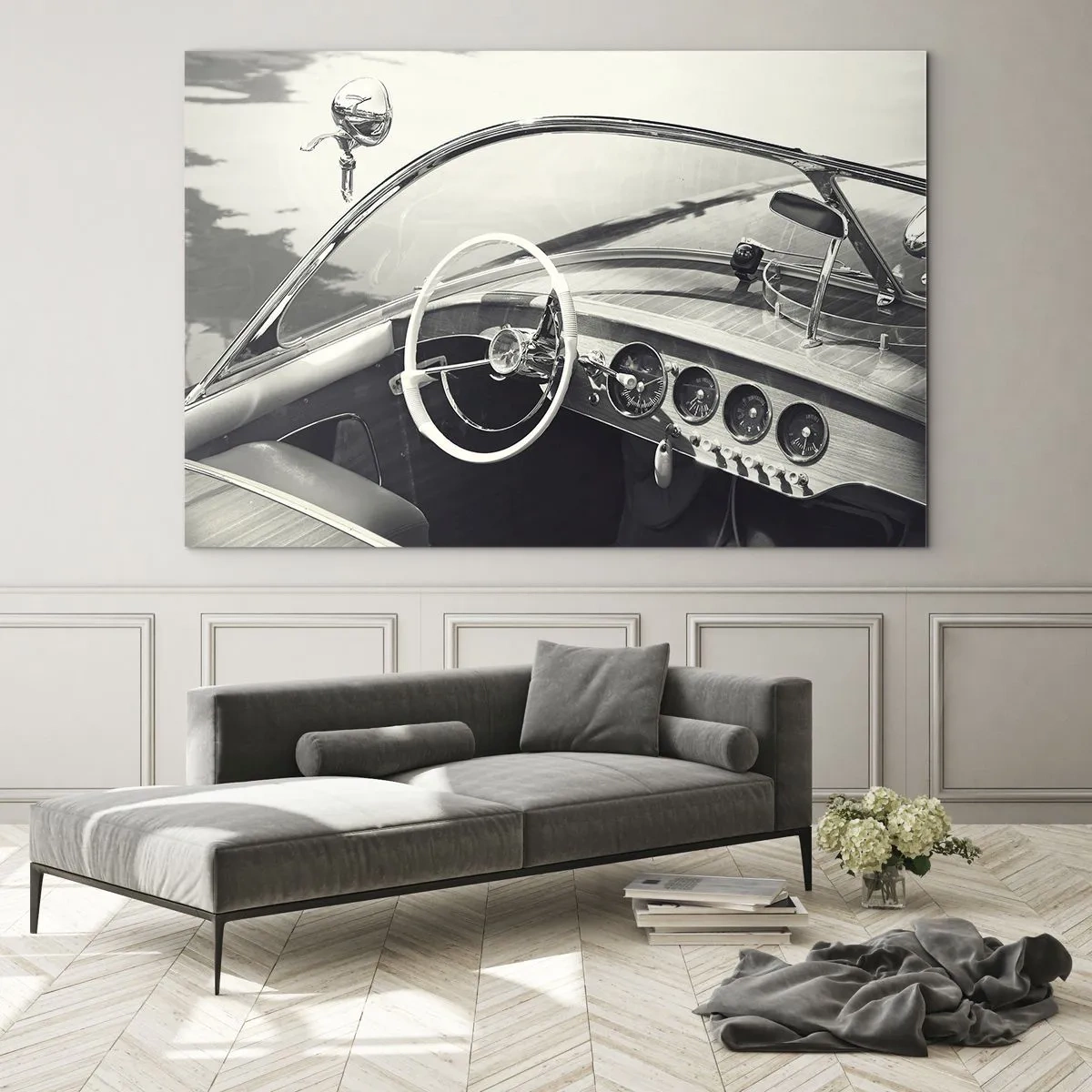 Quadro em vidro - Cockpit de carro clássico em preto e branco - 70x50cm - Tempo para os ricos - Decoração de parede moderna para a sala de estar e quarto ARTTOR