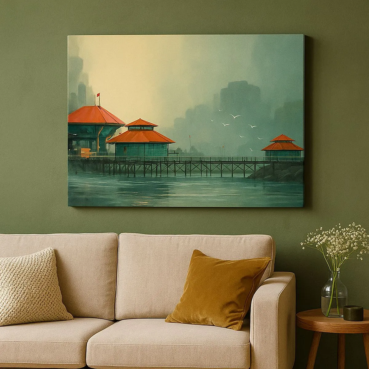 Quadro em tela - Edifícios portuários em um cenário chuvoso com gaivotas - 70x50cm - Um dia ensolarado no porto - Decoração de parede moderna para a sala de estar e quarto ARTTOR