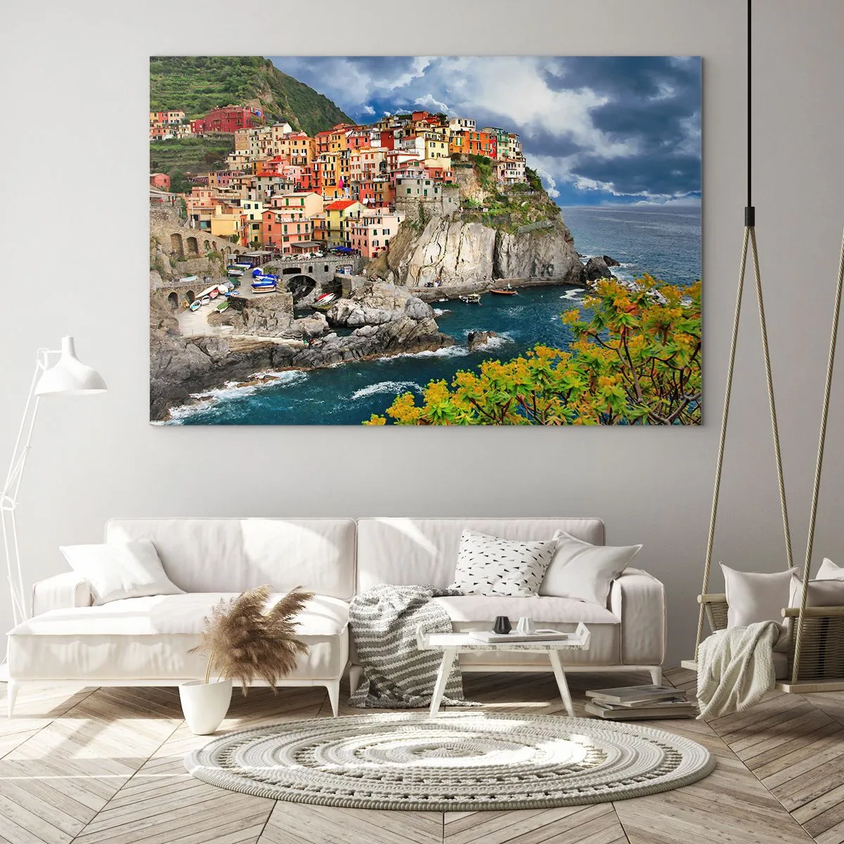 Quadro em vidro - Uma cidade colorida em um penhasco à beira-mar - 70x50cm - Um aglomerado nas rochas - Decoração de parede moderna para a sala de estar e quarto ARTTOR