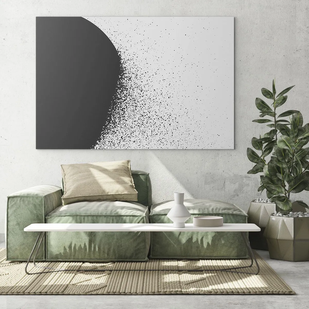 Quadro em vidro - Abstração de uma massa negra se desintegrando sobre um fundo branco - 70x50cm - Movimento das moléculas - Decoração de parede moderna para a sala de estar e quarto ARTTOR