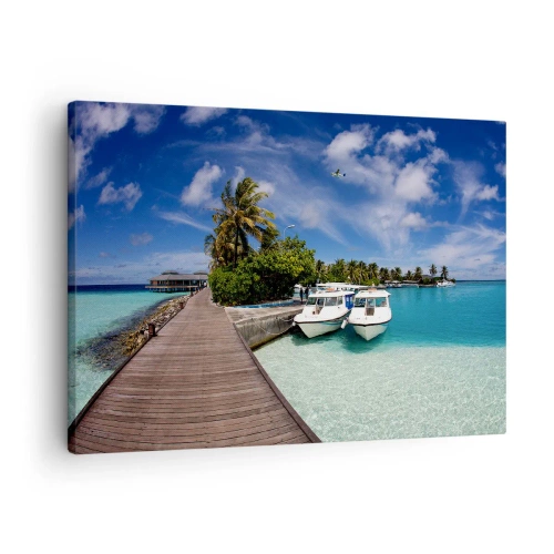 Quadro em tela - Um cais sobre um mar turquesa com barcos e palmeiras - 70x50cm - No entanto, o paraíso existe - Decoração de parede moderna para a sala de estar e quarto ARTTOR