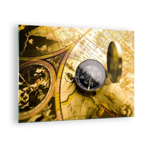 Quadro em vidro - Um mapa dourado com uma bússola como toque de aventura - 70x50cm - Que tal ao fim do mundo? - Decoração de parede moderna para a sala de estar e quarto ARTTOR