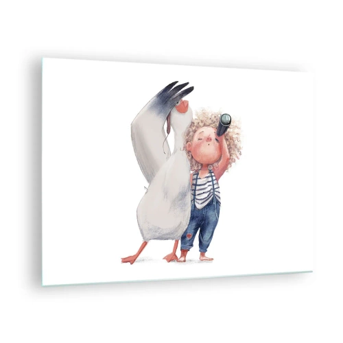 Quadro em vidro - Bebê com binóculos e cegonha em um estilo de ilustração engraçado - 70x50cm - O itinerário da grande viagem - Decoração de parede moderna para a sala de estar e quarto ARTTOR