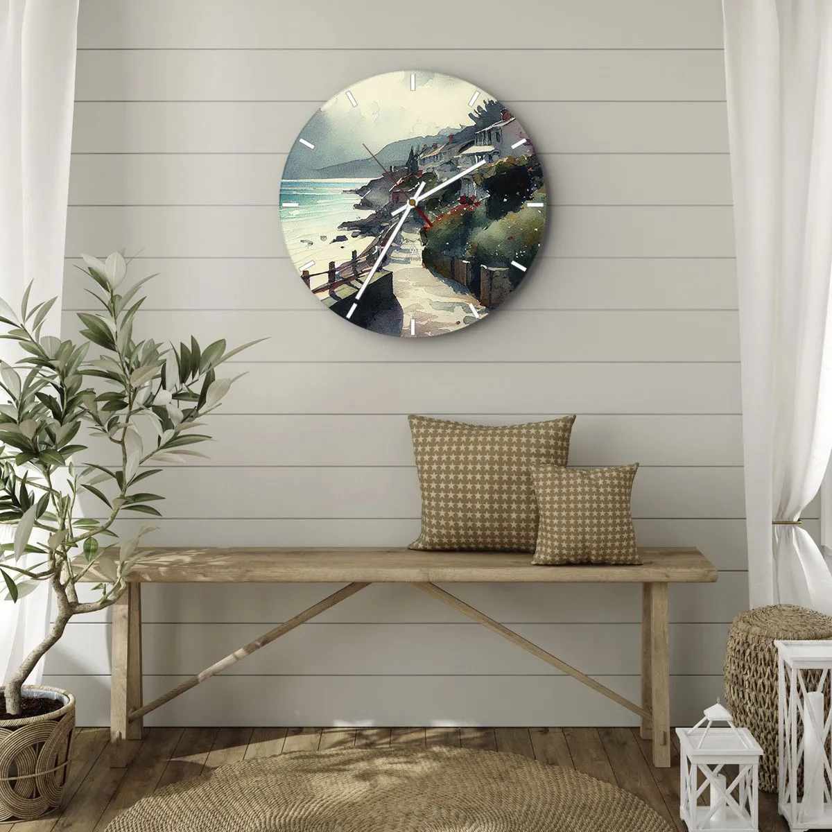 Relógio de parede - Relógio em vidro - Um caminho costeiro que atravessa edifícios mediterrânicos com vista para o mar - 30x30cm - Cidade mediterrânea - Decoração de parede moderna para a sala de estar, cozinha e quarto ARTTOR