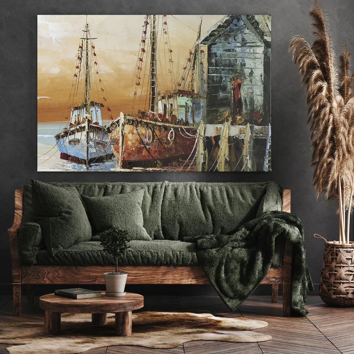 Quadro em tela - Barcos na praia sob a luz quente do pôr do sol - 70x50cm - Um regresso tranquilo - Decoração de parede moderna para a sala de estar e quarto ARTTOR