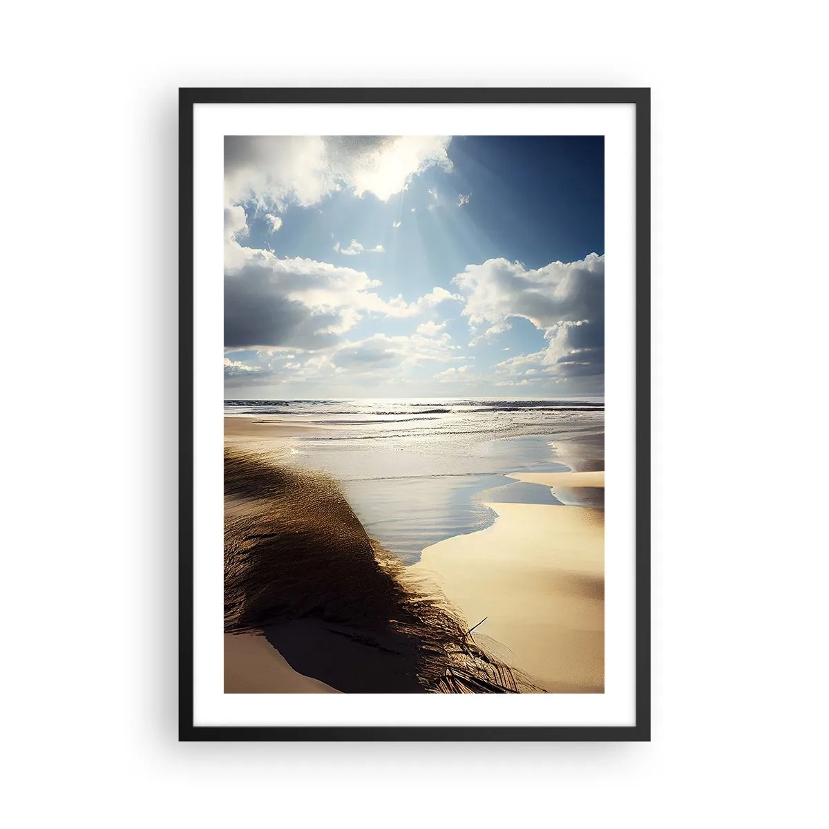 Pôster com moldura preta - Praia ao pôr do sol com ondas e nuvens - 50x70cm - Praia, praia selvagem - Decoração de parede moderna para a sala de estar e quarto ARTTOR