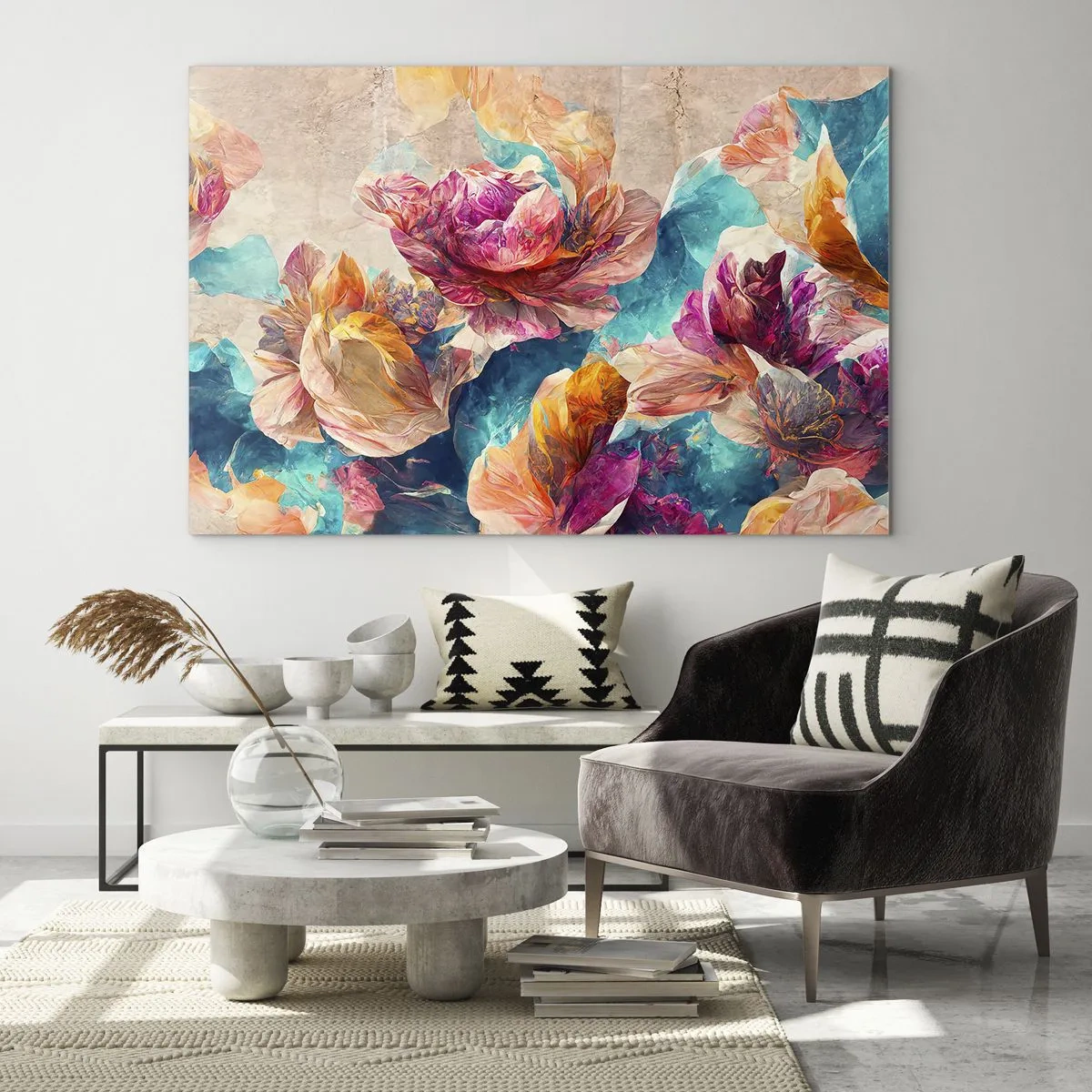 Quadro em vidro - Flores coloridas sobre fundo aquarela - 70x50cm - Esplendor colorido do buquê - Decoração de parede moderna para a sala de estar e quarto ARTTOR