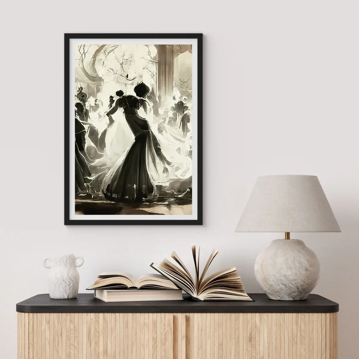 Pôster com moldura preta - Uma bola elegante em preto e branco - 50x70cm - O grande baile de máscaras - Decoração de parede moderna para a sala de estar e quarto ARTTOR